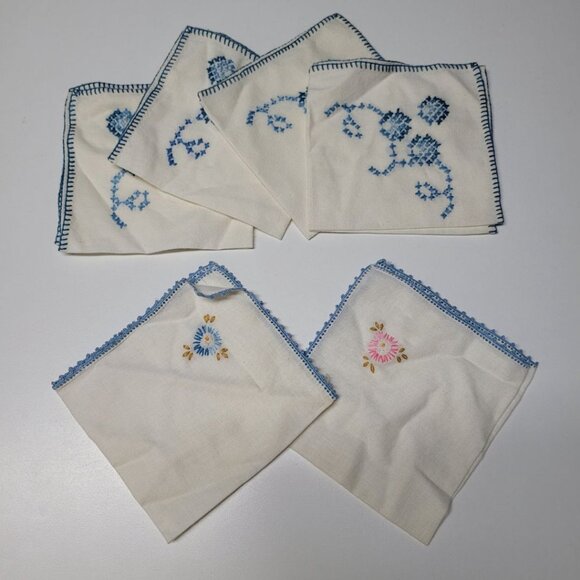 Embroidered Napkin Vintage Linen Handmade Flowers Stitched Blue 10 Inch Blue - Picture 8 of 8